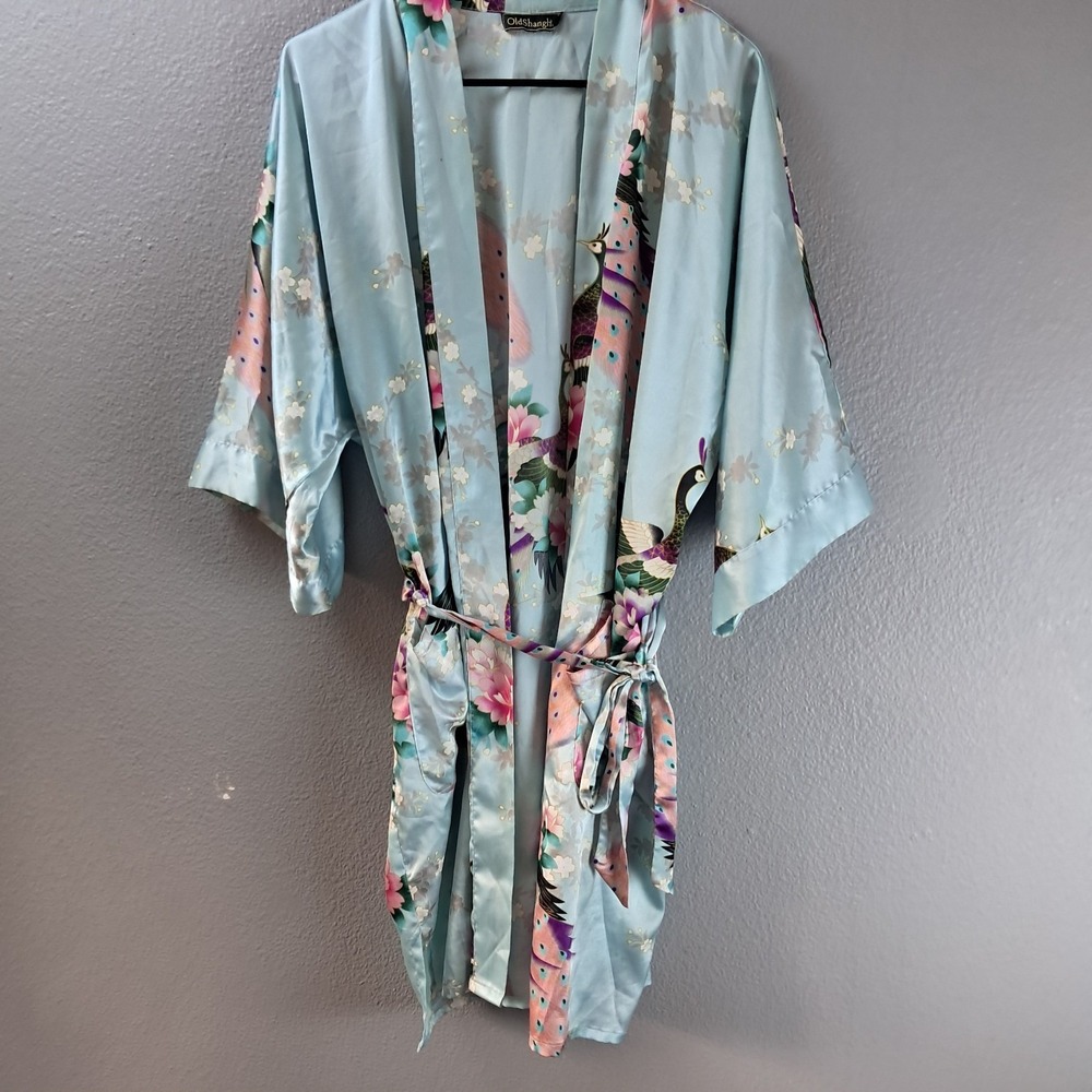 Old Shanghai Peacock Satin Kimono Robe Vintage Glam Romantic Softcore Old Money